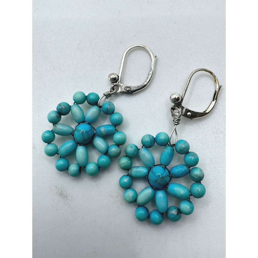Turquoise Beaded Flower Drop Earrings Silver Tone Leverback Boho Southwestern